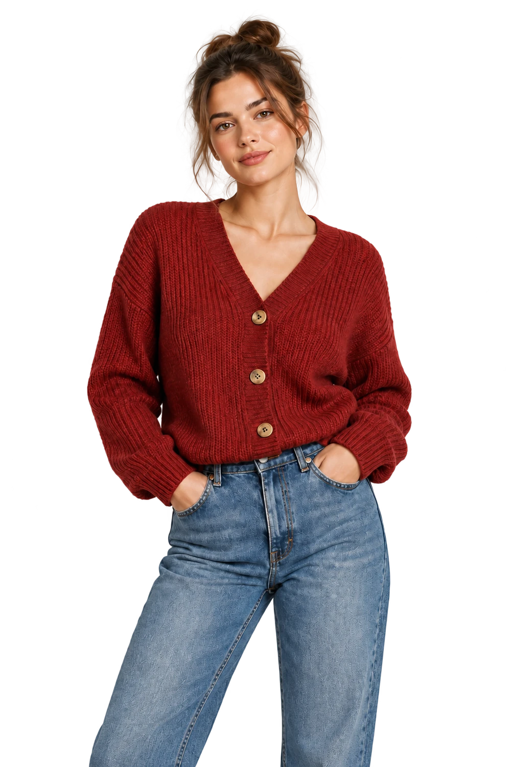 GPT Image demo of a model wearing a red knitted cardigan and blue jeans